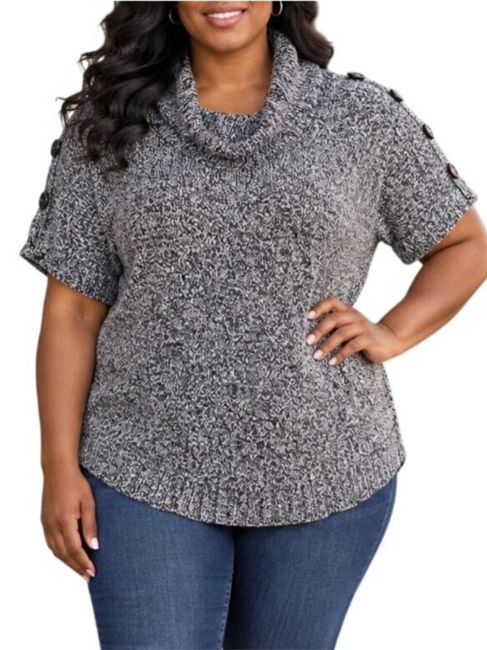 Yvos Size XL Sweater Short Sleeve Button Detail Cowl Neck Knit Black White